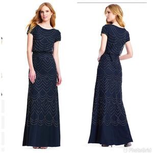 New Adrianna Papell Bridesmaid Style Short Sleeve Blouson Beaded Gown